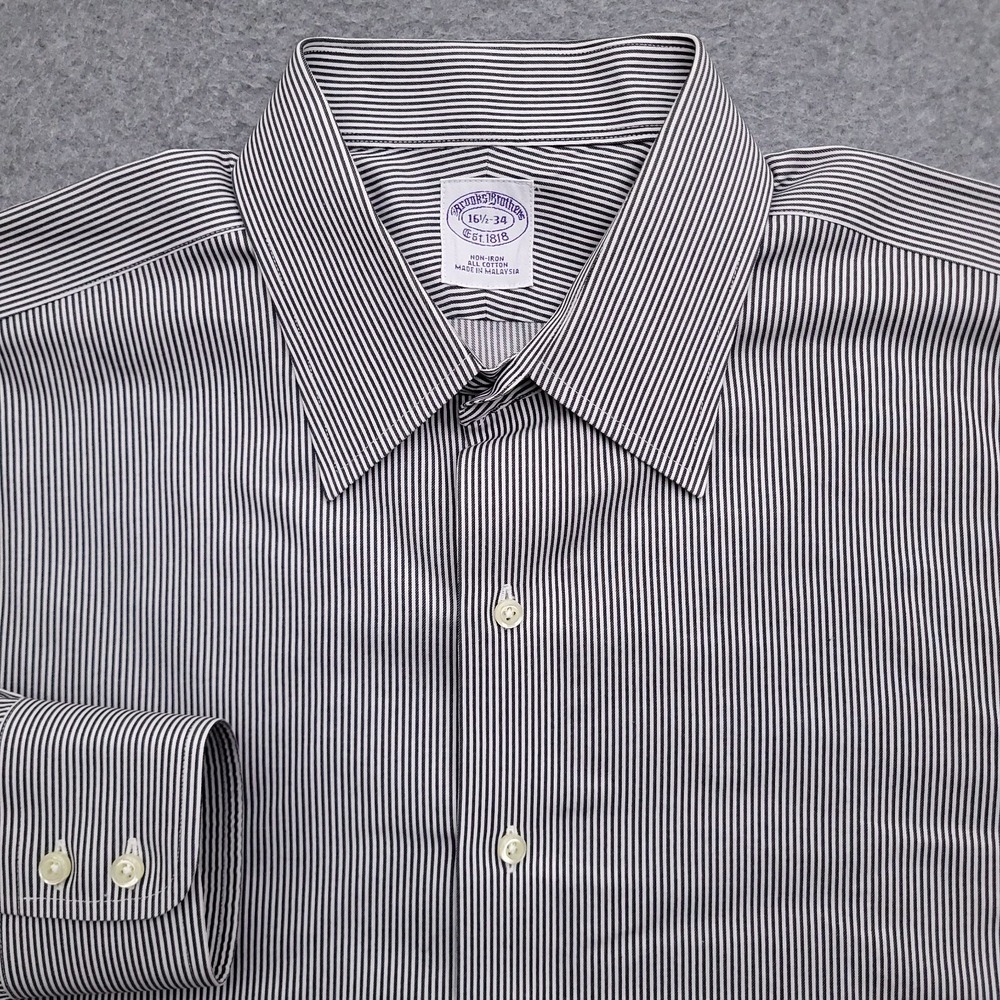 Brooks Brothers Dress Shirt Mens 16.5 34 Regular Fit Non Iron Blue White Striped
